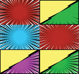 Comic book colorful frames background with halftone rays radial and dotted effects pop art style