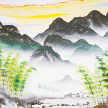 Colorful Chinese paint brush style mountainous landscape with bamboo trees in mist with a sunset sky. Generative AI art illustration.