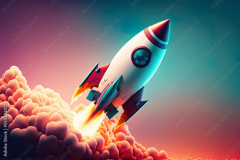 Poster image of a rocket against a gradient space background. generative ai