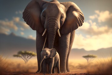 Fototapeta na wymiar Elephant mother and her calf happy together in a daytime scene in the wild, realistic digital illustration suitable for representing mother strength and mother's day