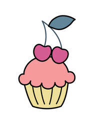 Simple icon of bakery. Delicious cupcake with fruit or berry filling in paper cup. Sweet pastry or dessert. Design element for stickers. Cartoon flat vector illustration isolated on white background