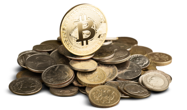 Golden bitcoin and a pile of coins, money concept