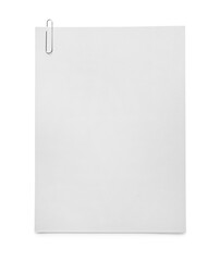 Blank sheets of paper with clip on white background, top view