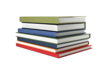 Many different books stacked on white background