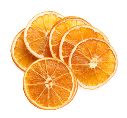 Delicious dry orange slices on white background, top view