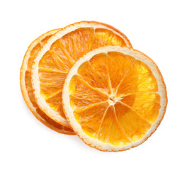 Delicious dry orange slices on white background, top view