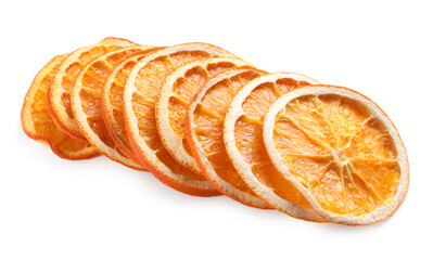 Delicious dry orange slices on white background