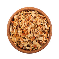 Bowl of dried orange zest seasoning isolated on white, top view