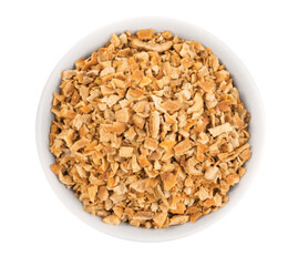 Bowl of dried orange zest seasoning isolated on white, top view