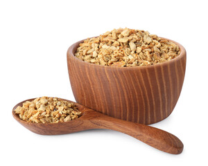Bowl and spoon with dried orange zest seasoning isolated on white