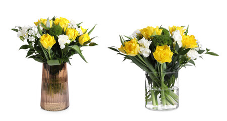 Bouquets with beautiful tulip flowers in glass vases on white background. Banner design