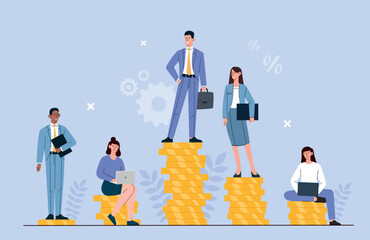 Differences in wages. Men and women with portfolios at different levels of money. Social inequality, income. Comparison and sociology. Poster or banner for website. Cartoon flat vector illustration