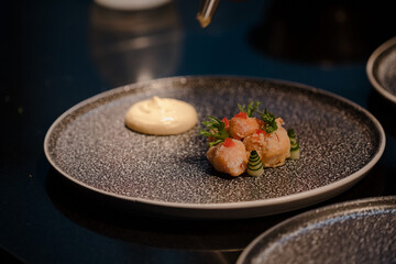Close up of a chef's hand cooking and preparing fine dining meals. Food prepping in the kitchen.