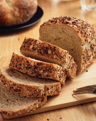 Healthy wholemeal bread on wooden table.