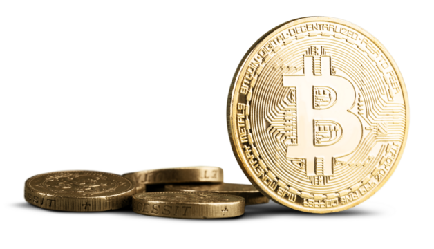 Golden bitcoin and a pile of coins, money concept