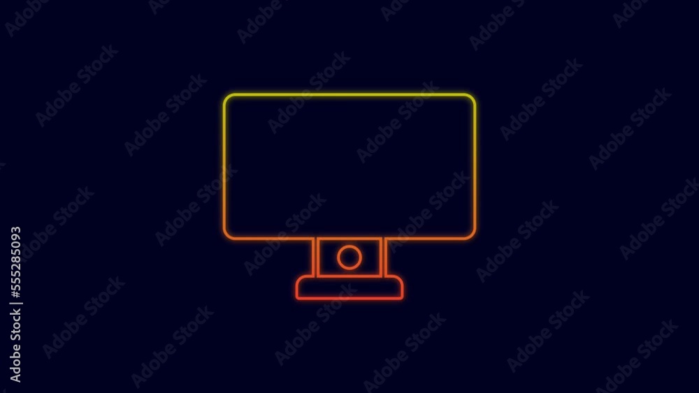Poster glowing neon line computer monitor icon isolated on blue background. pc component sign. 4k video mot