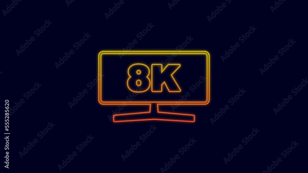 Poster glowing neon line computer monitor icon isolated on blue background. pc component sign. 4k video mot