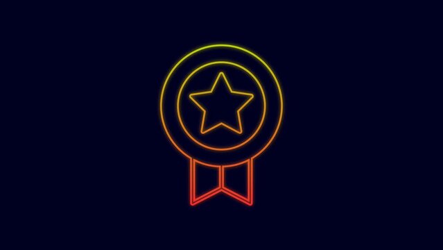 Glowing neon line Game rating with medal icon isolated on blue background. Level results for game. 4K Video motion graphic animation