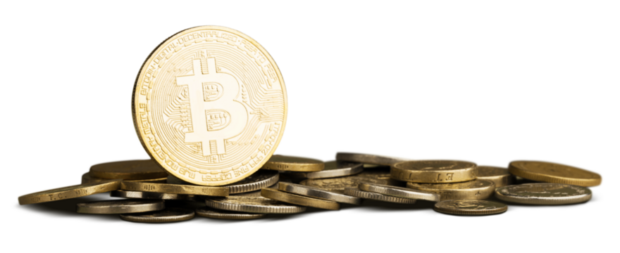 Golden bitcoin and a pile of coins, money concept