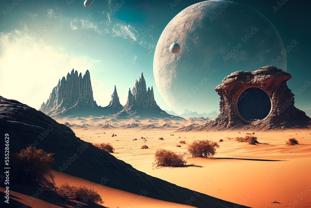 Poster scenery from a distant desert planet in the far future. generative ai