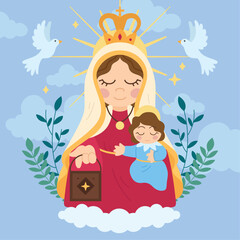 Isolated cute virgin mary character with flora ornaments Vector illustration