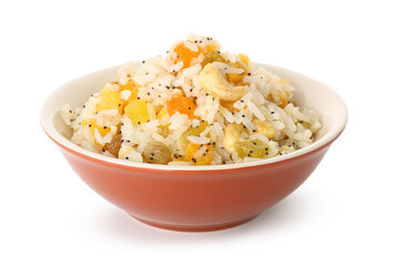 Bowl of rice Kutya on white background