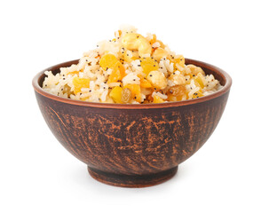 Bowl of rice Kutya on white background