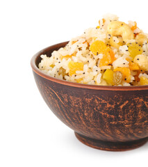 Bowl of rice Kutya on white background, closeup
