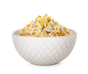 Bowl of rice Kutya on white background