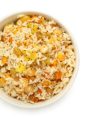 Bowl of rice Kutya on white background, top view