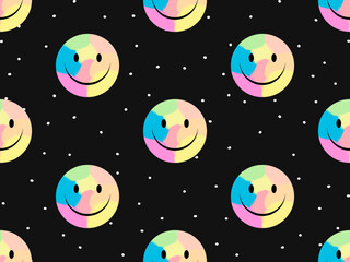 Smile cartoon character seamless pattern on black background