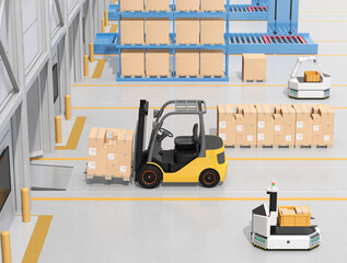 Electric forklift loading goods to truck. Interior view in modern distribution center. 3D rendering image. © chesky