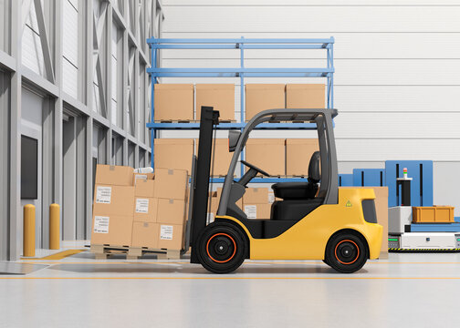 Electric forklift loading goods to truck. Interior view in modern distribution center. 3D rendering image.