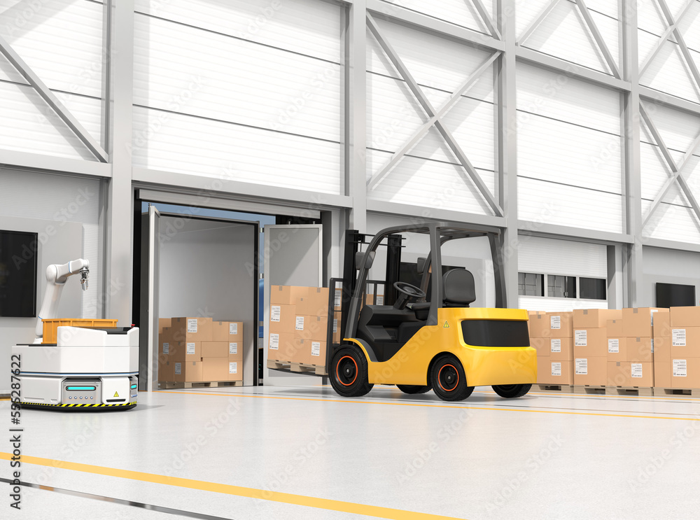 Poster electric forklift loading goods to truck. agv robot and cardboard boxes in modern distribution cente