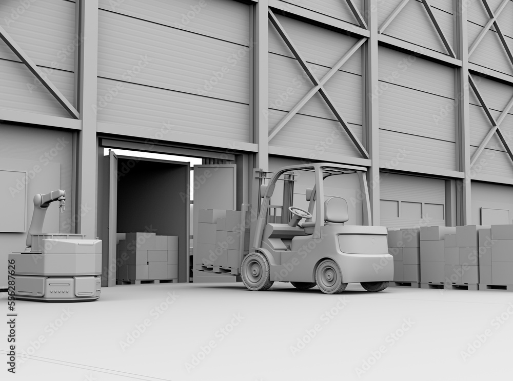 Aufkleber clay rendering of electric forklift loading goods to truck. modern distribution center. 3d rendering