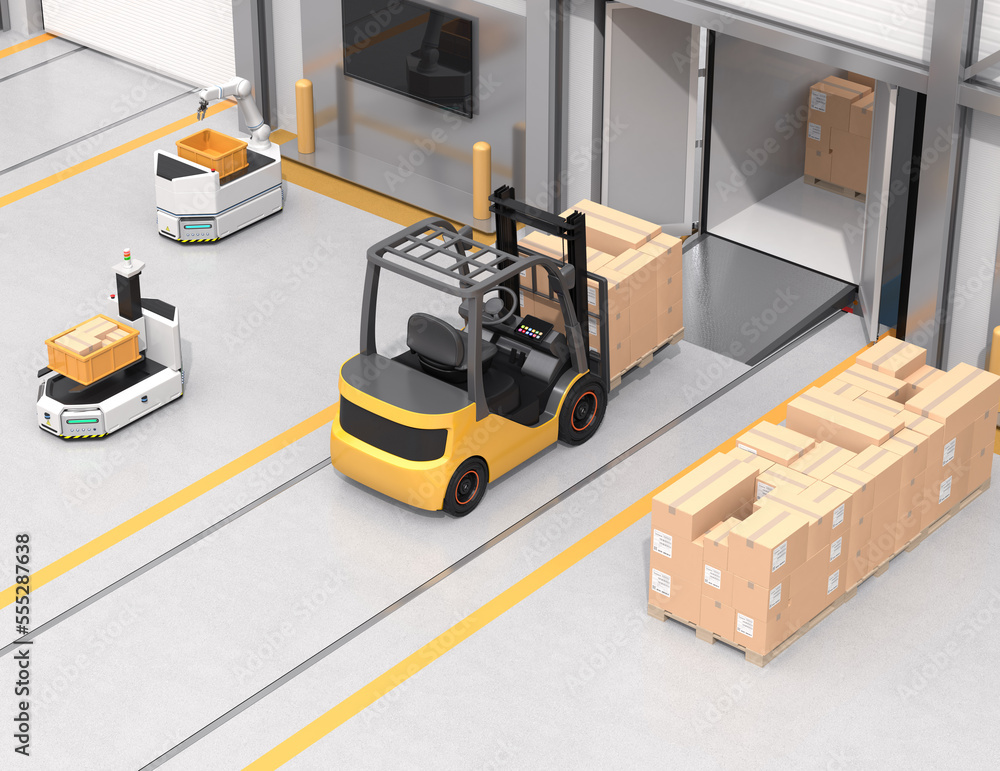 Poster electric forklift loading goods to truck. agv robot and cardboard boxes in modern distribution cente