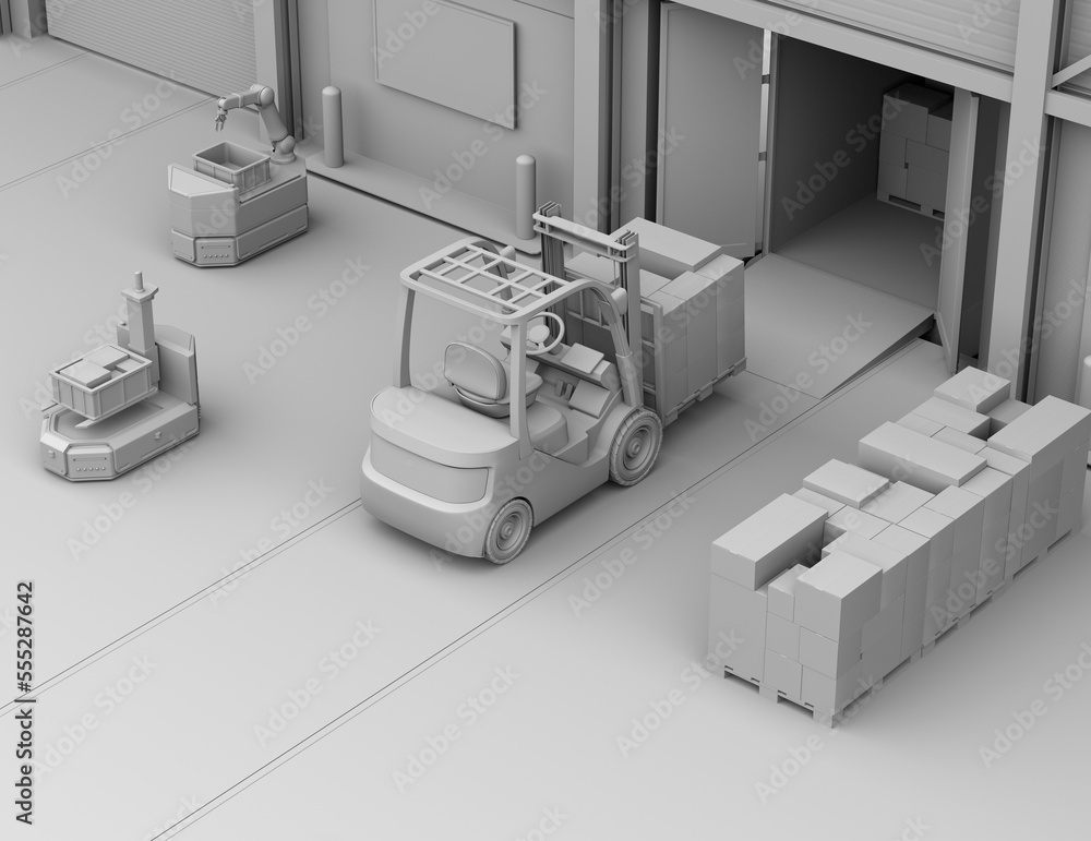 Poster clay rendering of electric forklift loading goods to truck. modern distribution center. 3d rendering