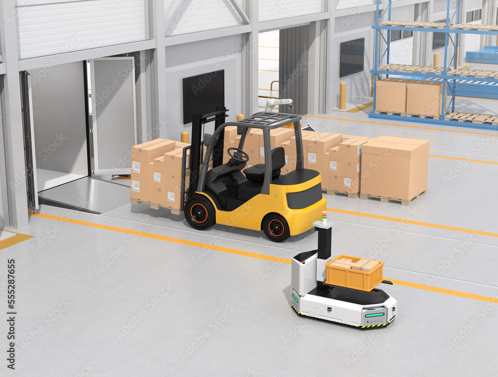 Poster electric forklift loading goods to truck. agv robot and cardboard boxes in modern distribution cente
