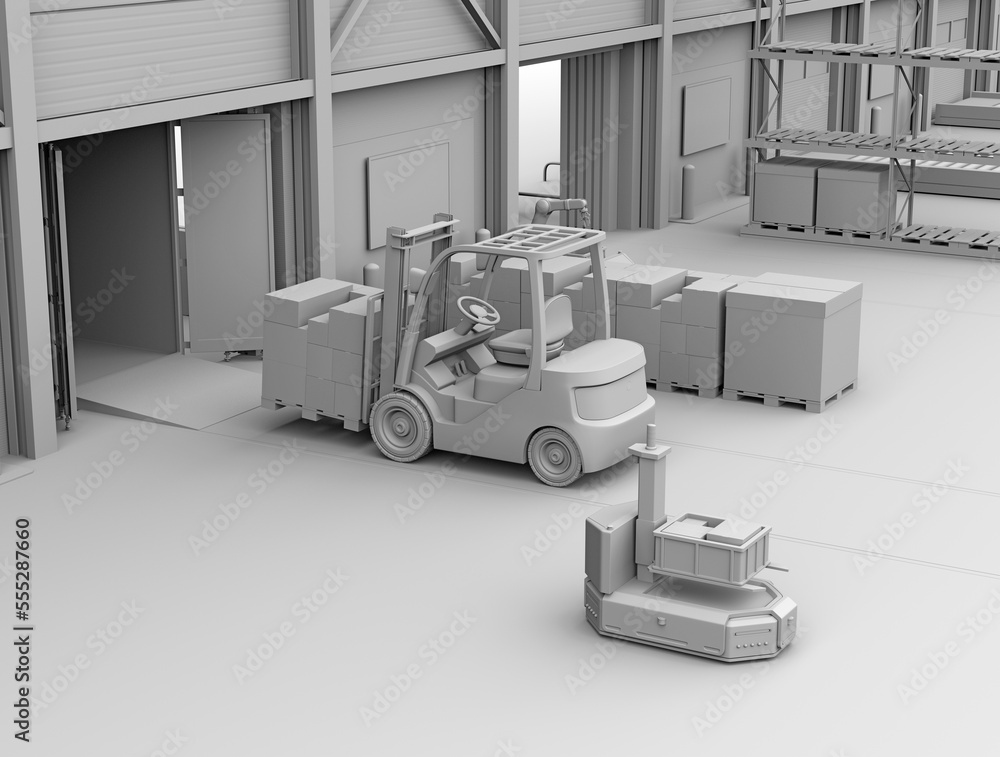 Aufkleber clay rendering of electric forklift loading goods to truck. modern distribution center. 3d rendering