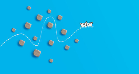 Concept of overcoming barriers, goal, target. Red paper plane