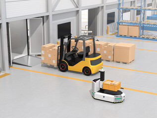 Electric forklift loading goods to truck. AGV robot and cardboard boxes in modern distribution center. 3D rendering image.