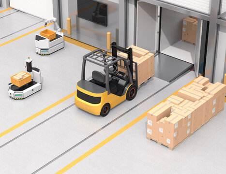 Electric forklift loading goods to truck. AGV robot and cardboard boxes in modern distribution center. 3D rendering image.