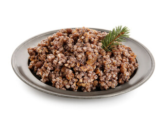 Plate of Kutya with Christmas branch on white background