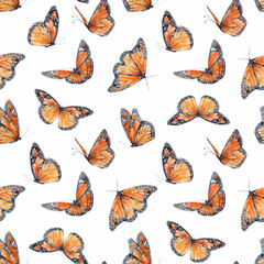 Beautiful seamless pattern with cute watercolor butterflies. Stock illustration.