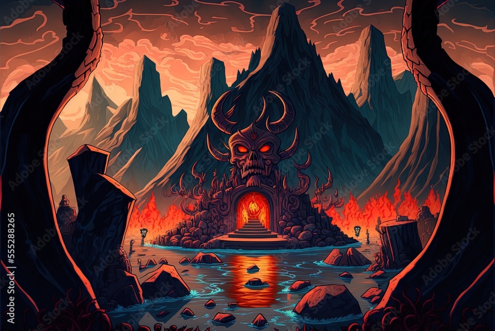 Poster imaginary scene in which molten magma flows from a mountain cave and an old stone altar adorned with