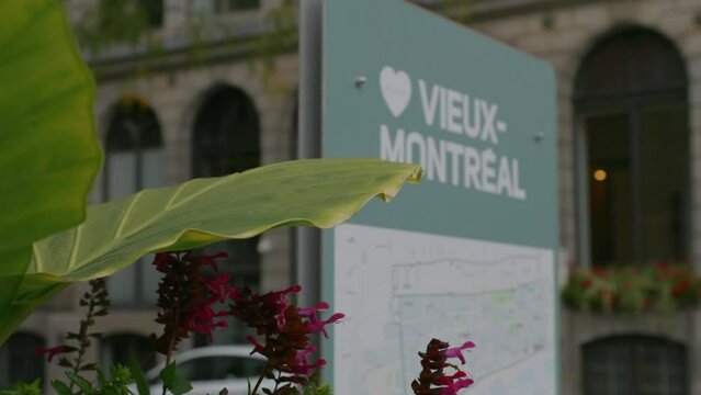 Display Board Map Of Vieux-Montreal Along The Street In Montreal, Canada. closeup