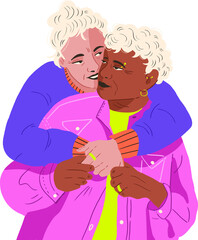 elderly interracial lesbian couple hug purple sweater pink jacket 