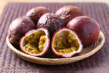 Passion fruit in basket, Tropical fruit in summer season
