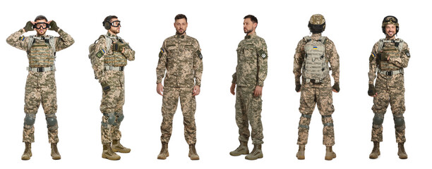 Collage with photos of Ukrainian soldier wearing military uniform on white background. Banner design