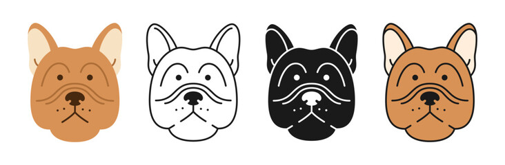 French Bulldog Dog faces cartoon character set. Cute puppy childish kawaii head symbol muzzle, line doodle, icon or silhouette. Smiling funny doggy pet baby, comic print flat sticker template vector